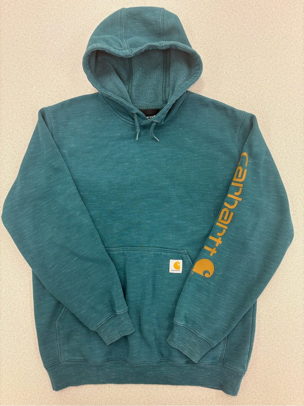 Carhartt Teal Green Logo Sleeve Pullover Hoodie. Size_ medium